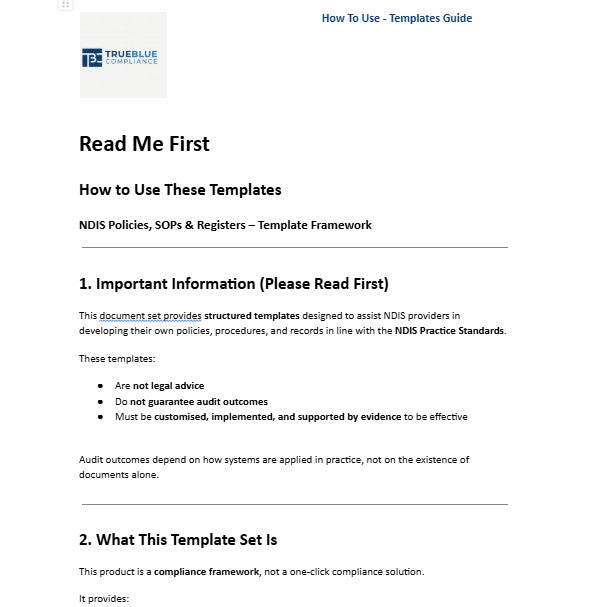 NDIS Core Governance & Compliance Pack Templates